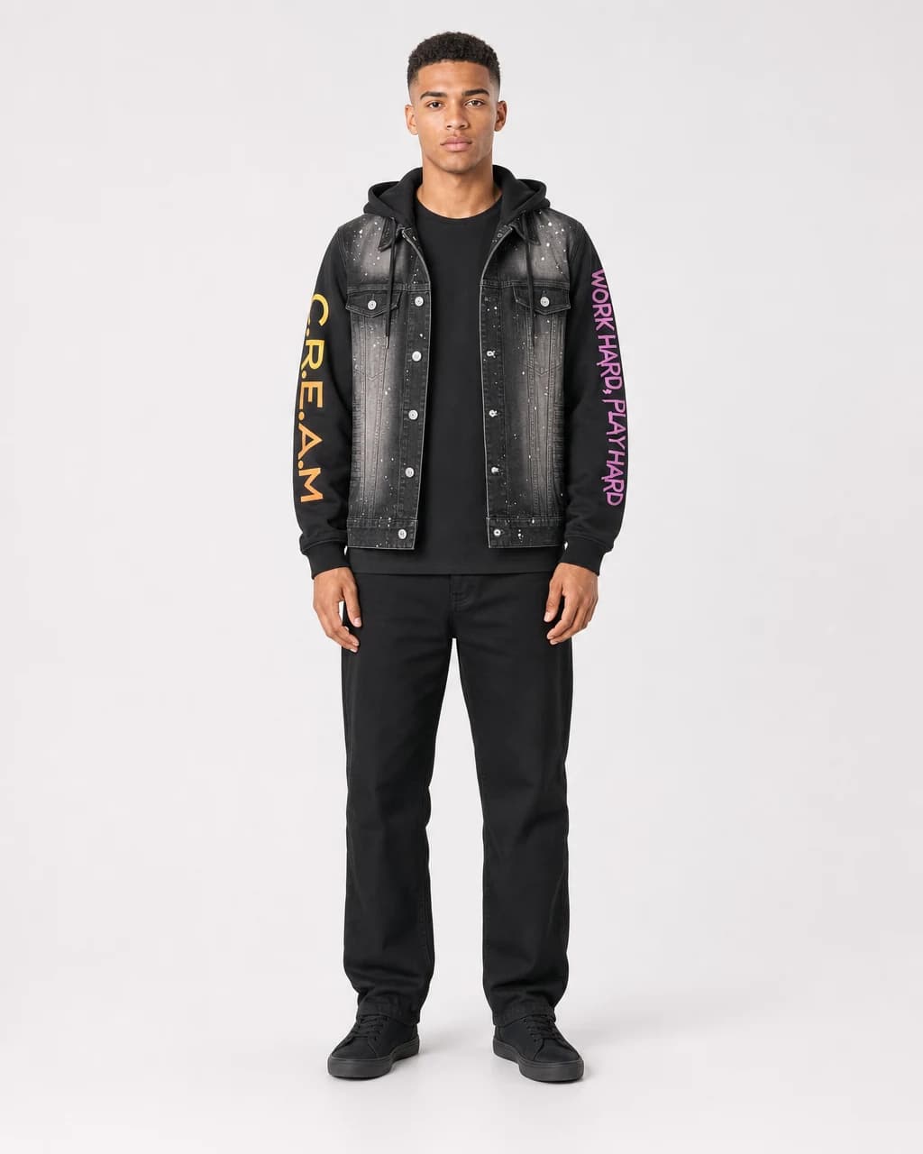C.R.E.A.M Style Denim Jacket — Black Splatter Hooded
